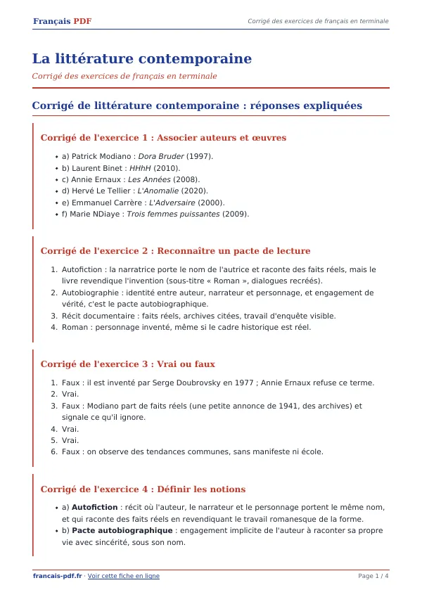 Corrigé « La littérature contemporaine » en PDF