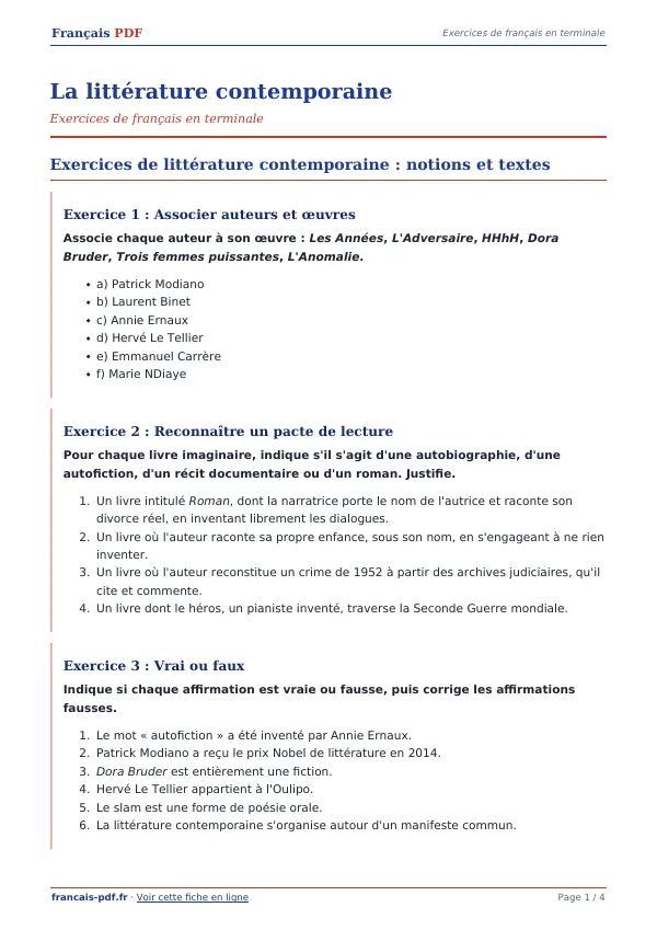 Exercices « La littérature contemporaine » en PDF