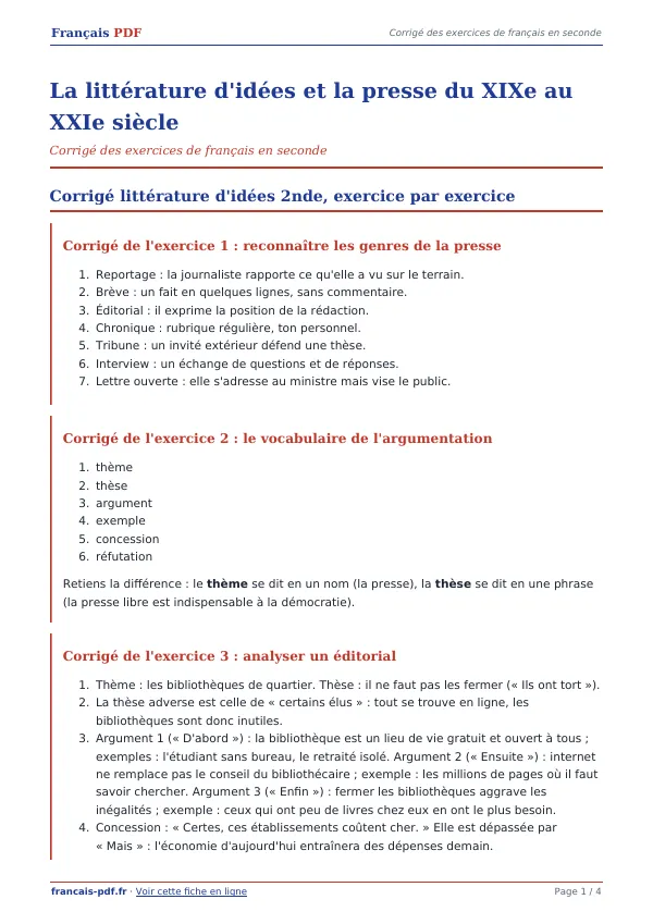 Corrigé « La littérature d’idées et la presse du XIXe au XXIe siècle » en PDF