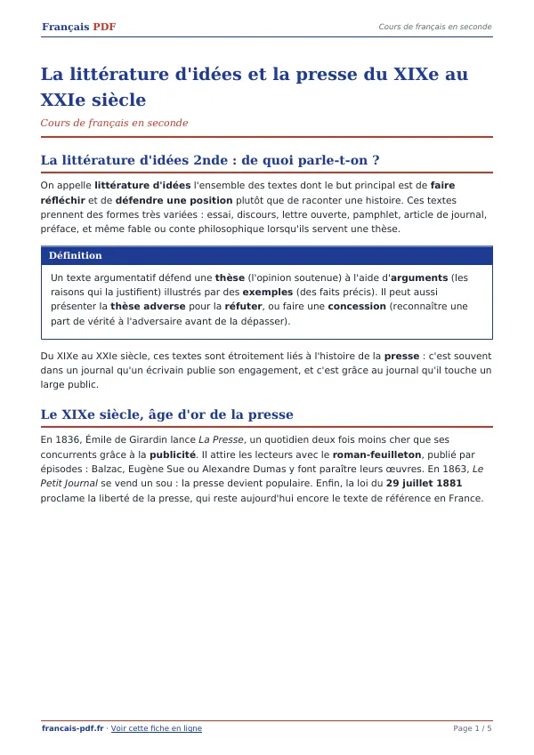 Cours « La littérature d’idées et la presse du XIXe au XXIe siècle » en PDF