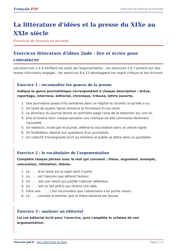Exercices « La littérature d’idées et la presse du XIXe au XXIe siècle » en PDF