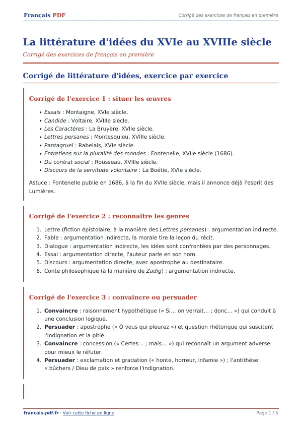 Corrigé « La littérature d’idées du XVIe au XVIIIe siècle » en PDF