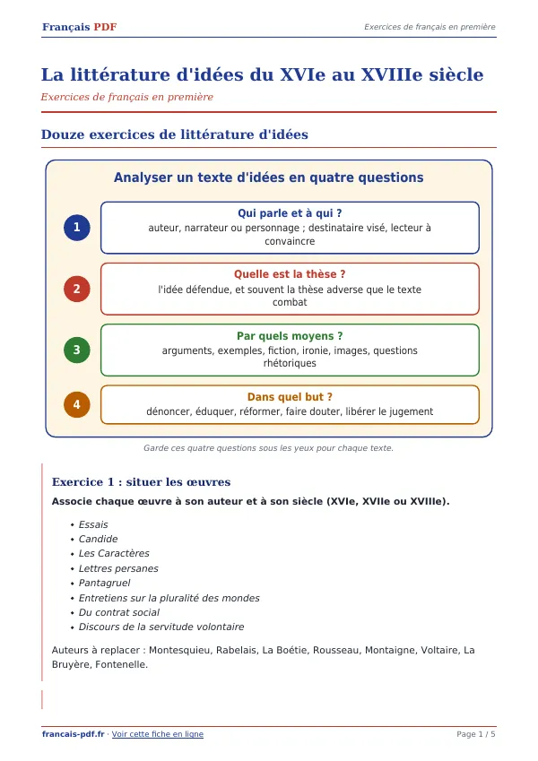 Exercices « La littérature d’idées du XVIe au XVIIIe siècle » en PDF