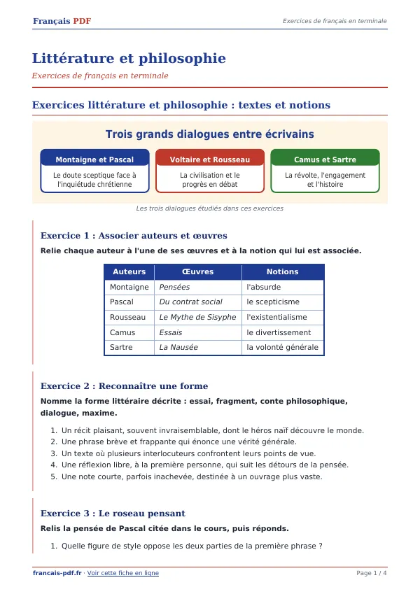 Exercices « Littérature et philosophie » en PDF