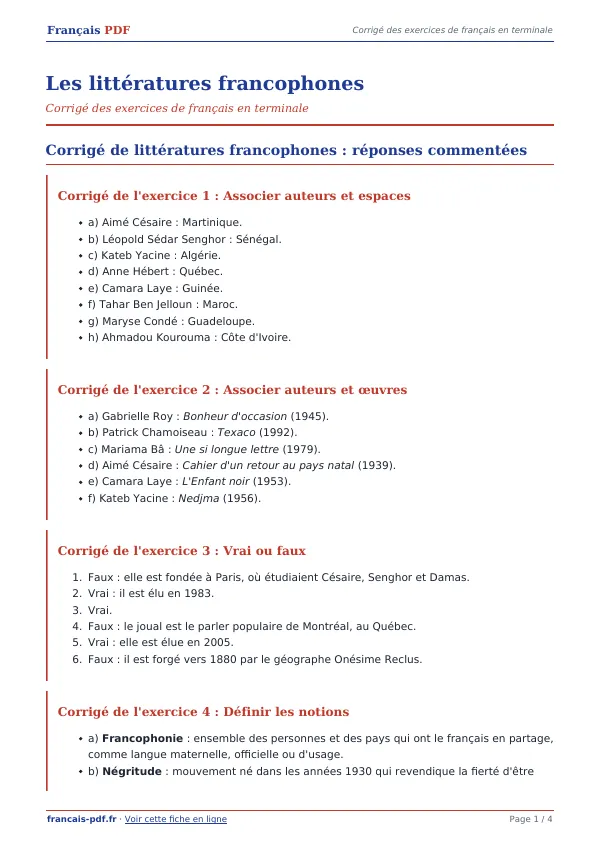 Corrigé « Les littératures francophones » en PDF