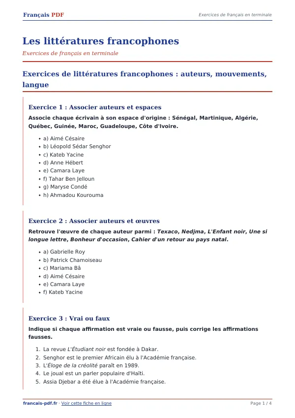 Exercices « Les littératures francophones » en PDF