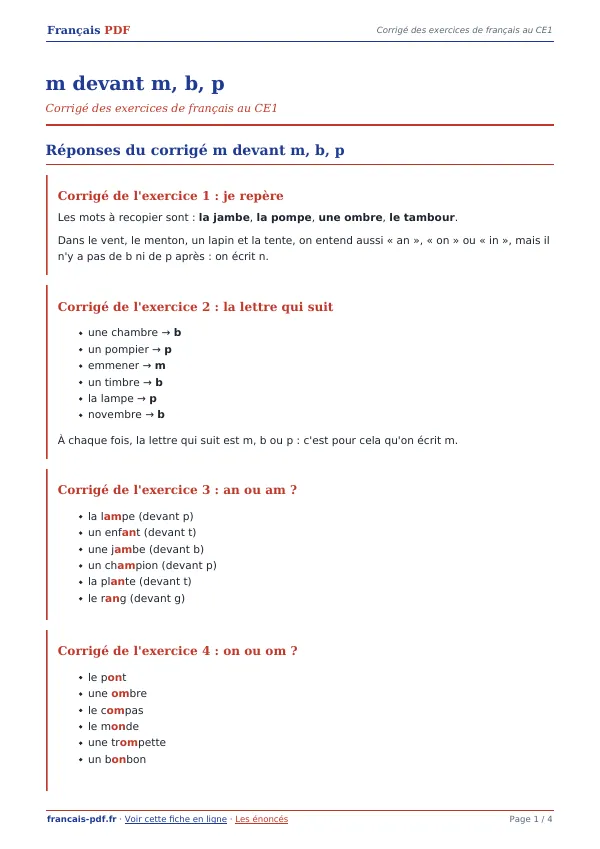 Corrigé « m devant m, b, p » en PDF