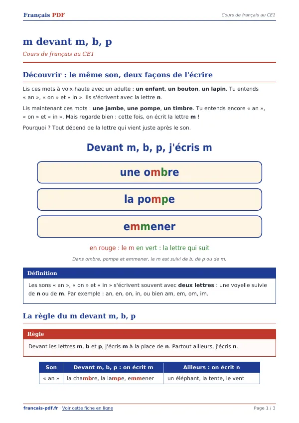 Cours « m devant m, b, p » en PDF