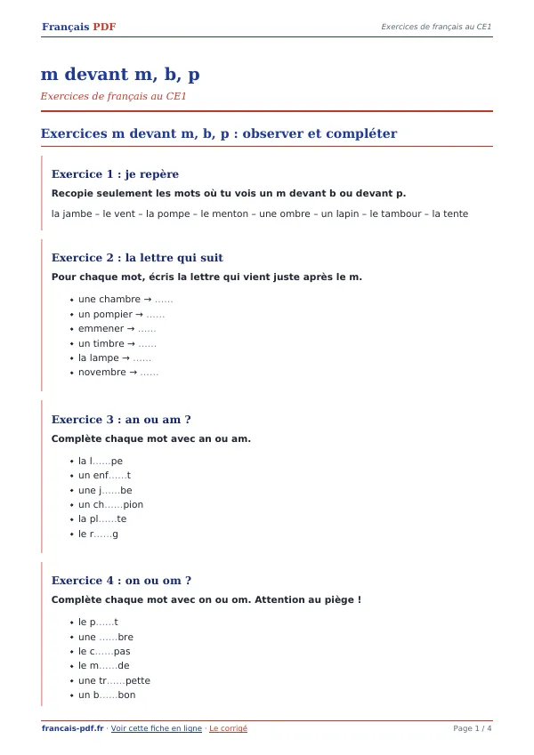 Exercices « m devant m, b, p » en PDF