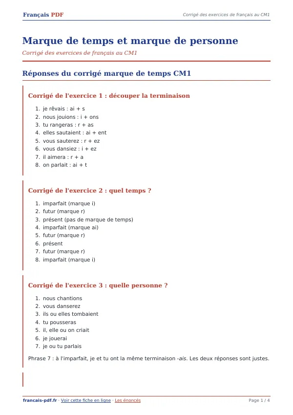 Corrigé « Marque de temps et marque de personne » en PDF