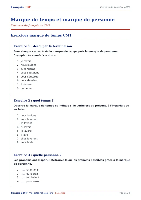Exercices « Marque de temps et marque de personne » en PDF