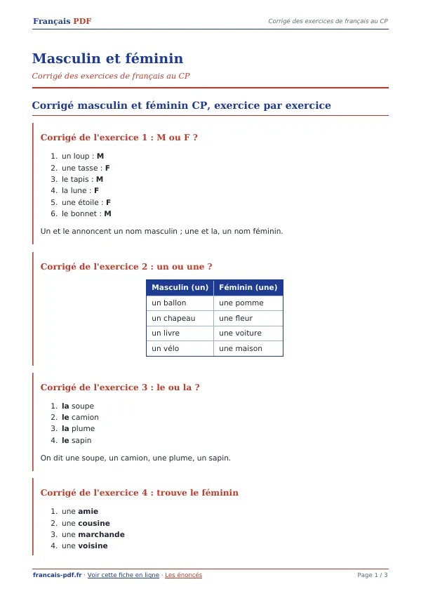 Corrigé « Masculin et féminin » en PDF