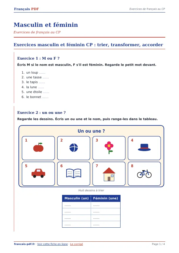 Exercices « Masculin et féminin » en PDF