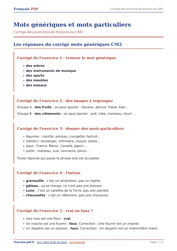 Corrigé « Mots génériques et mots particuliers » en PDF
