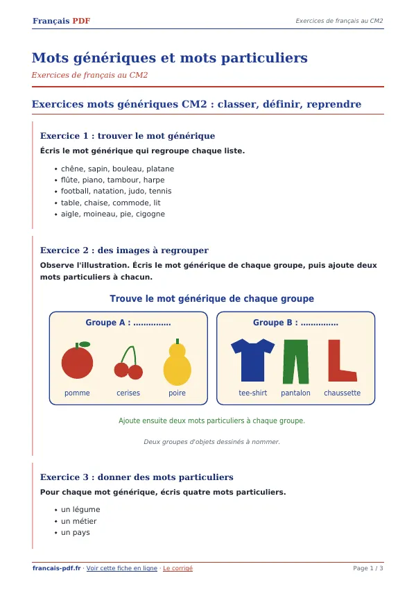 Exercices « Mots génériques et mots particuliers » en PDF
