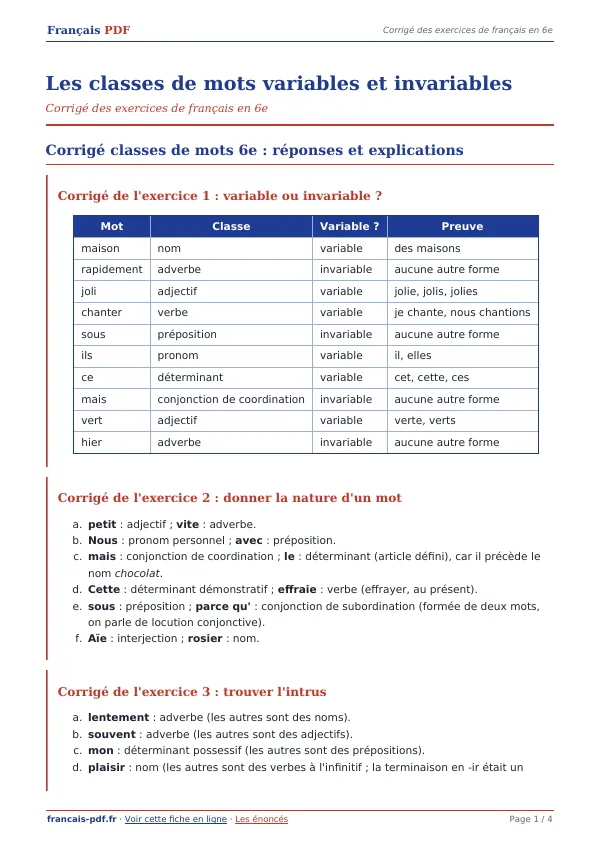 Corrigé « Les classes de mots variables et invariables » en PDF