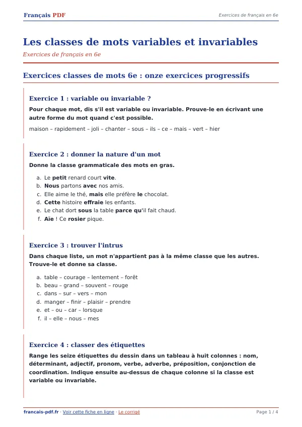 Exercices « Les classes de mots variables et invariables » en PDF