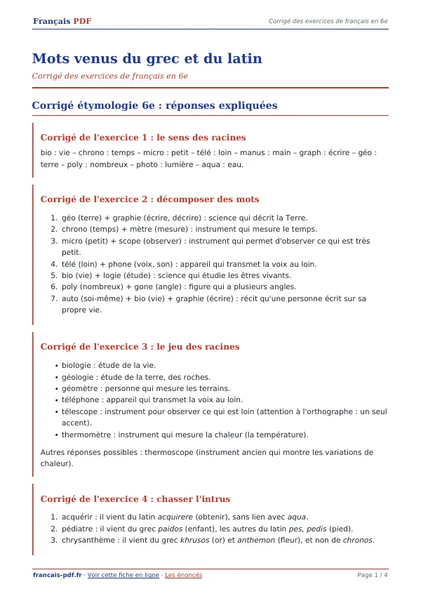 Corrigé « Mots venus du grec et du latin » en PDF