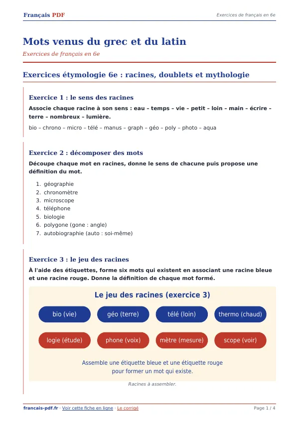Exercices « Mots venus du grec et du latin » en PDF