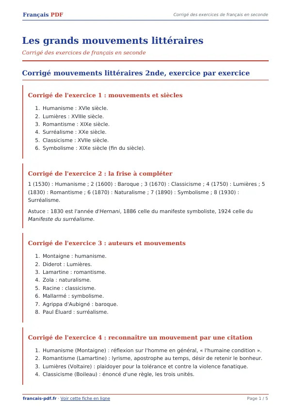 Corrigé « Les grands mouvements littéraires » en PDF