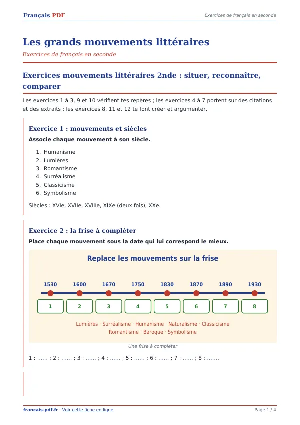 Exercices « Les grands mouvements littéraires » en PDF