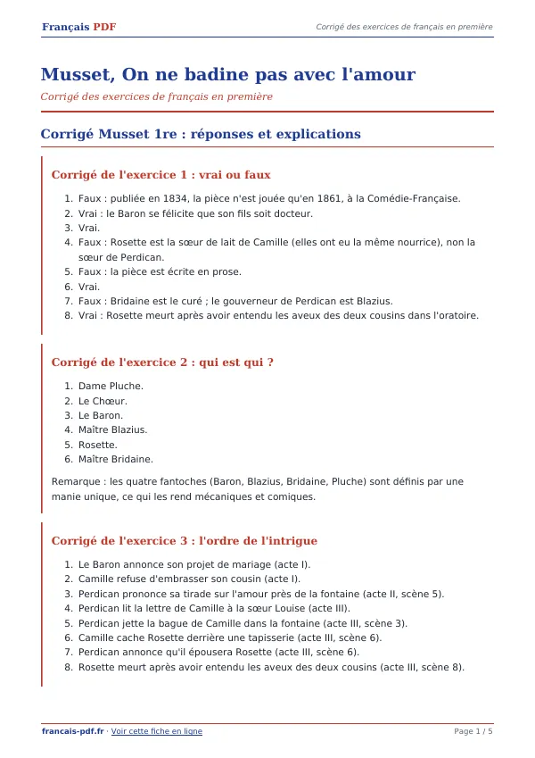 Corrigé « Musset, On ne badine pas avec l’amour » en PDF