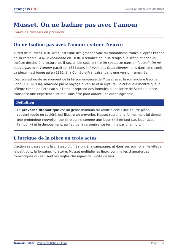 Cours « Musset, On ne badine pas avec l’amour » en PDF