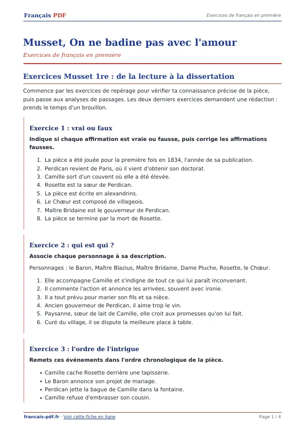 Exercices « Musset, On ne badine pas avec l’amour » en PDF