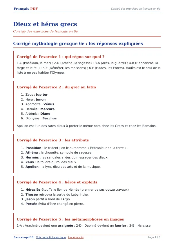 Corrigé « Dieux et héros grecs » en PDF