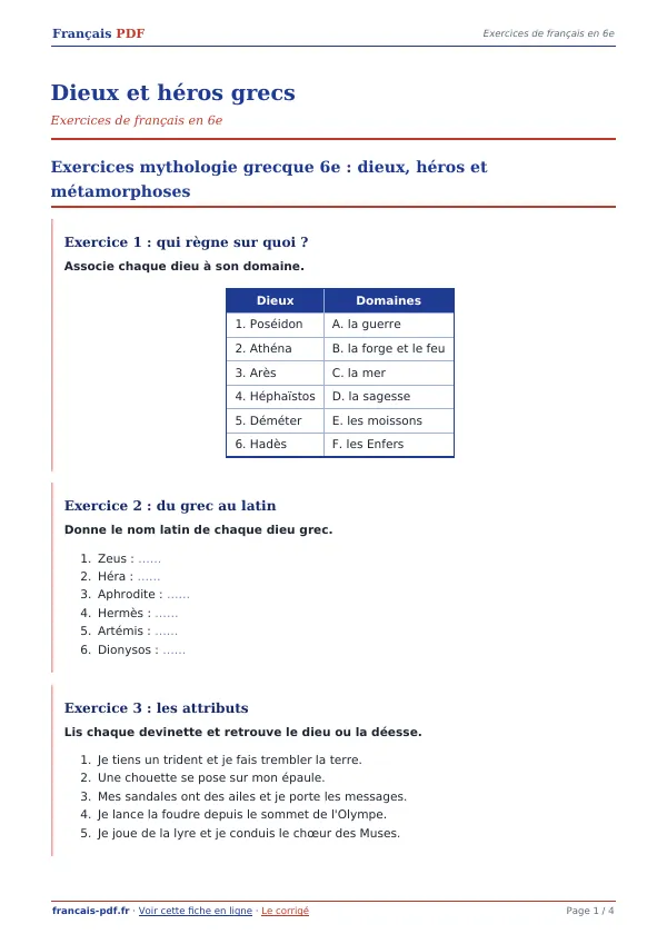 Exercices « Dieux et héros grecs » en PDF