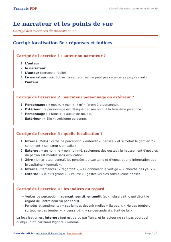 Corrigé « Le narrateur et les points de vue » en PDF