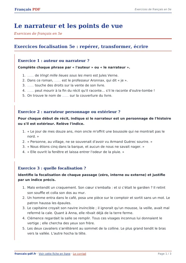 Exercices « Le narrateur et les points de vue » en PDF
