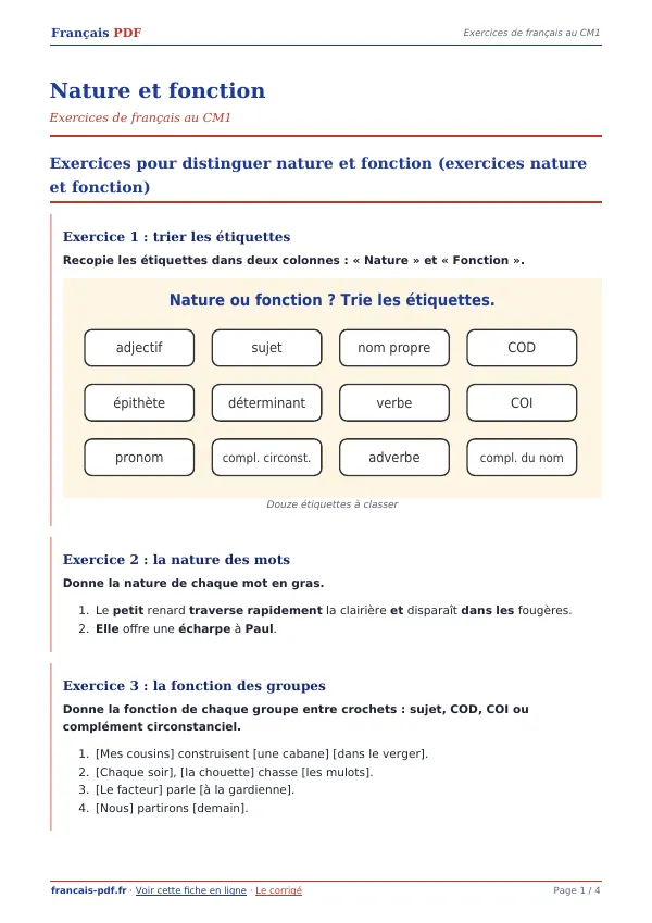 Exercices « Nature et fonction » en PDF