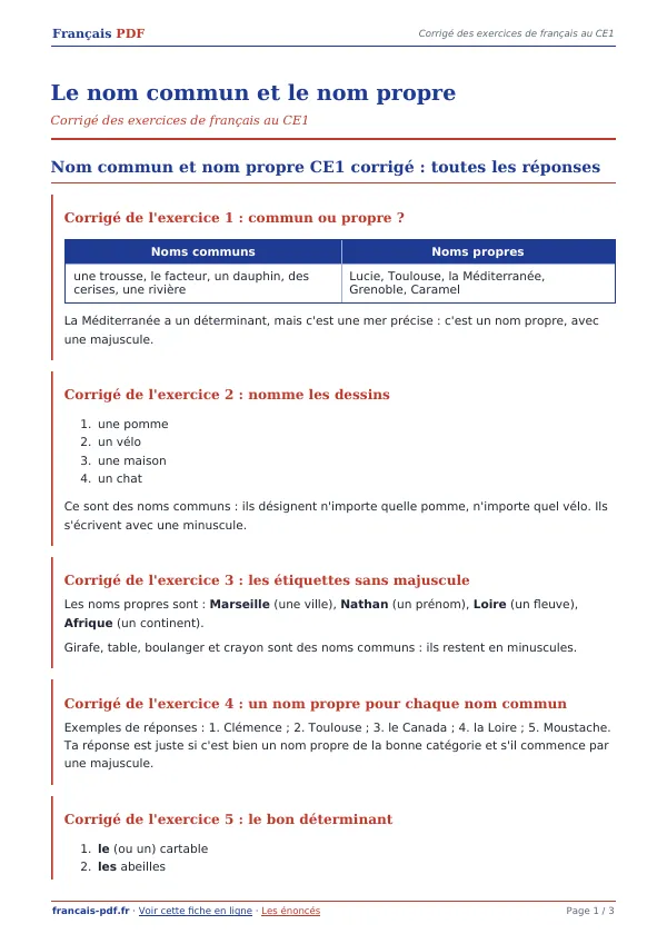 Corrigé « Le nom commun et le nom propre » en PDF