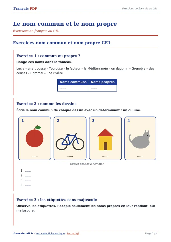 Exercices « Le nom commun et le nom propre » en PDF