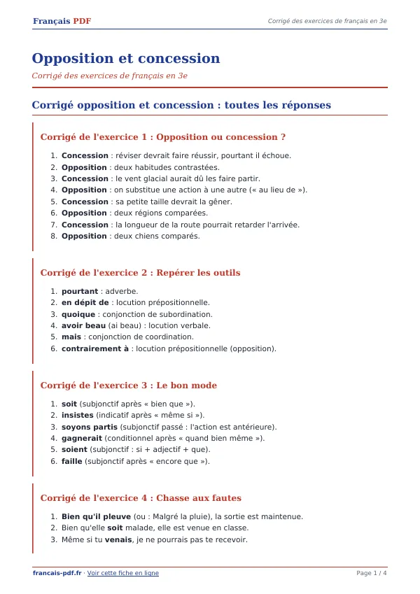 Corrigé « Opposition et concession » en PDF