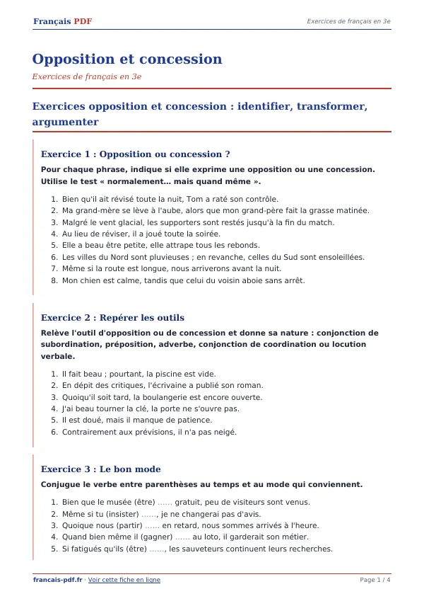 Exercices « Opposition et concession » en PDF