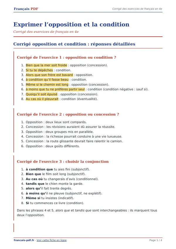 Corrigé « Exprimer l’opposition et la condition » en PDF
