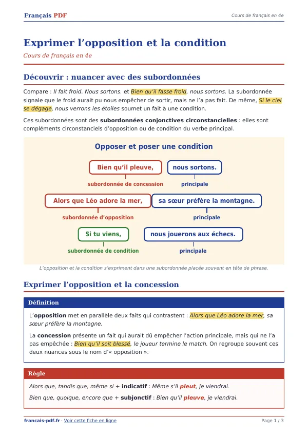 Cours « Exprimer l’opposition et la condition » en PDF