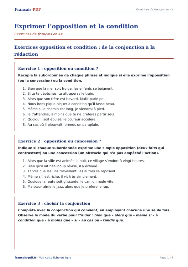 Exercices « Exprimer l’opposition et la condition » en PDF