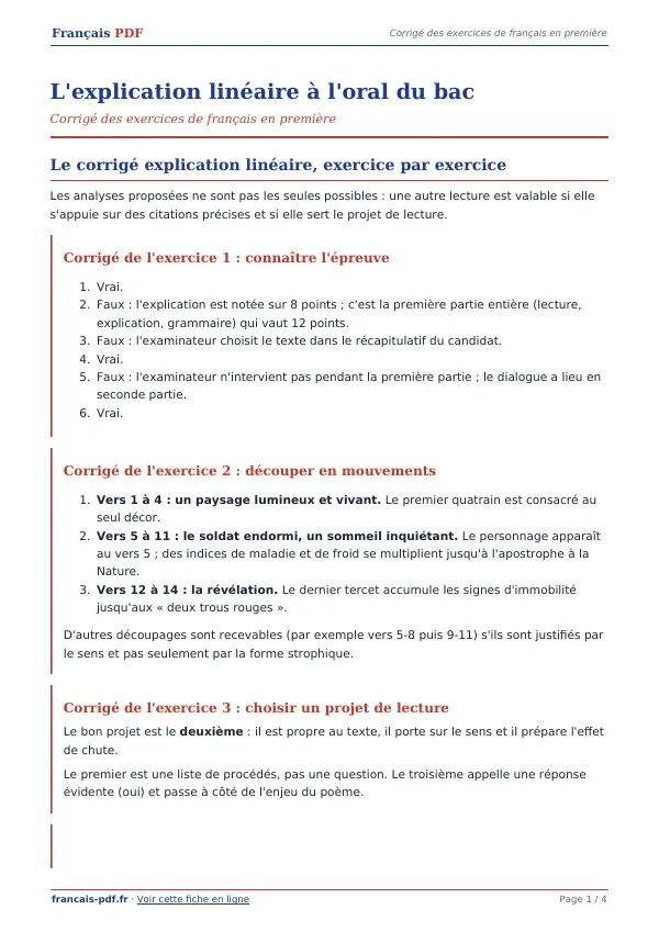 Corrigé « L’explication linéaire à l’oral du bac » en PDF