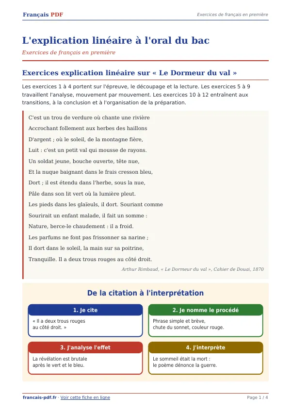 Exercices « L’explication linéaire à l’oral du bac » en PDF