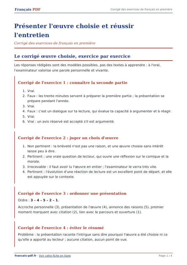 Corrigé « Présenter l’œuvre choisie et réussir l’entretien » en PDF