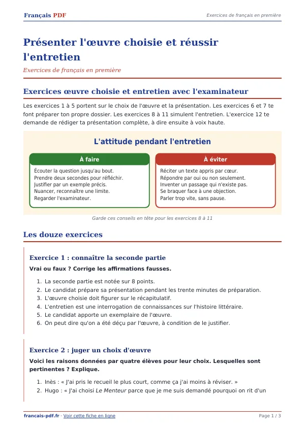 Exercices « Présenter l’œuvre choisie et réussir l’entretien » en PDF