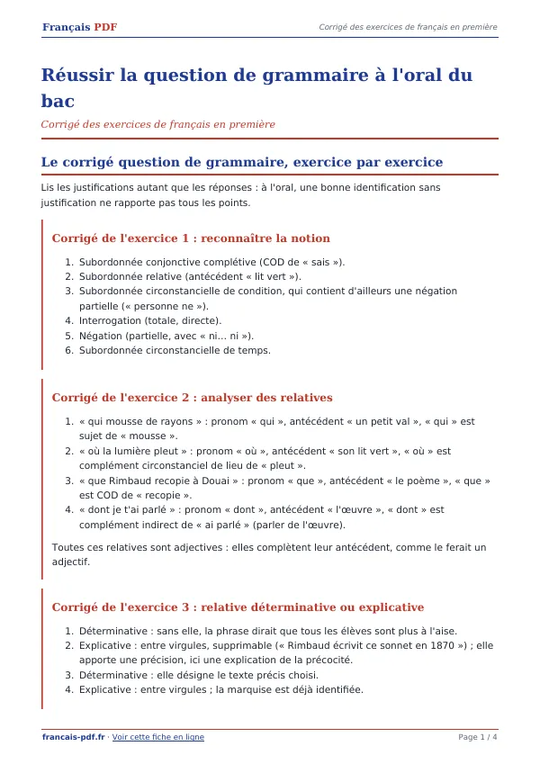 Corrigé « Réussir la question de grammaire à l’oral du bac » en PDF