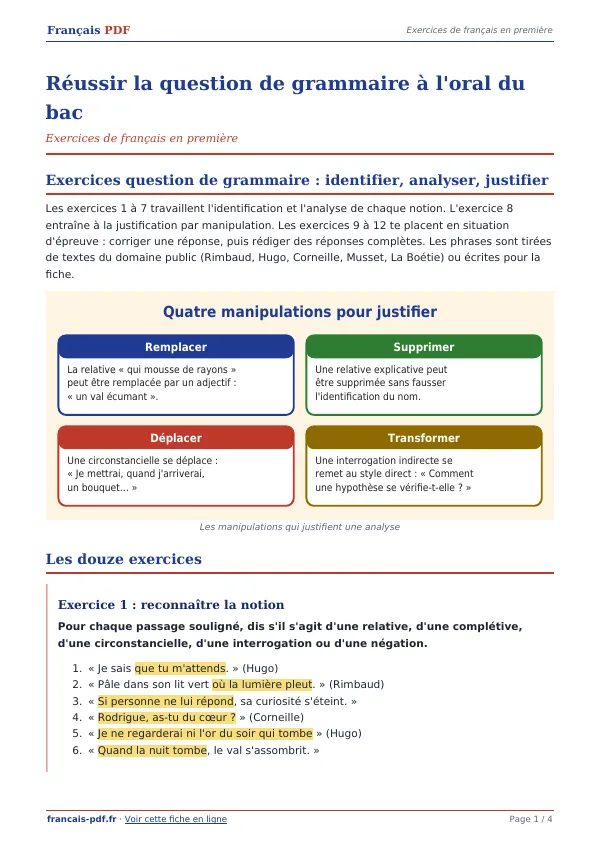 Exercices « Réussir la question de grammaire à l’oral du bac » en PDF