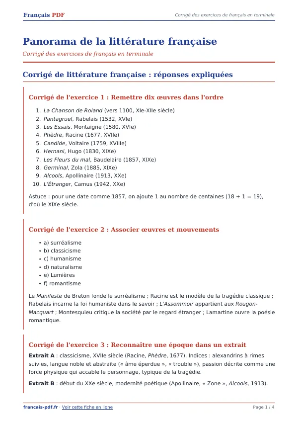 Corrigé « Panorama de la littérature française » en PDF