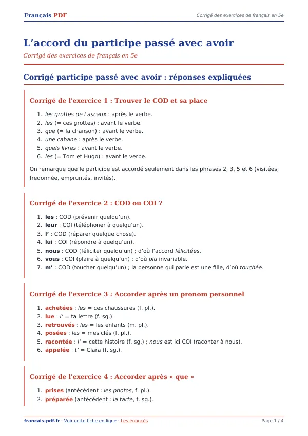 Corrigé « L’accord du participe passé avec avoir » en PDF