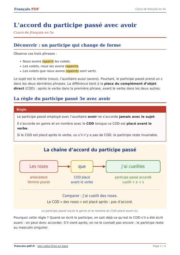 Cours « L’accord du participe passé avec avoir » en PDF