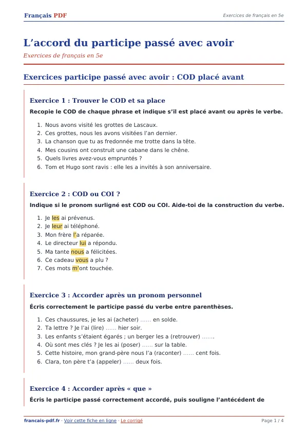 Exercices « L’accord du participe passé avec avoir » en PDF